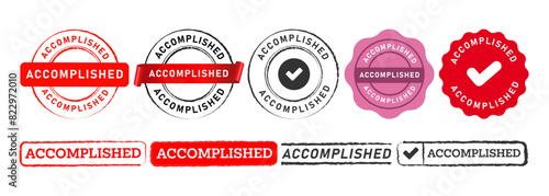accomplished rubber stamp and seal badge label sticker sign for success complete progress achieved