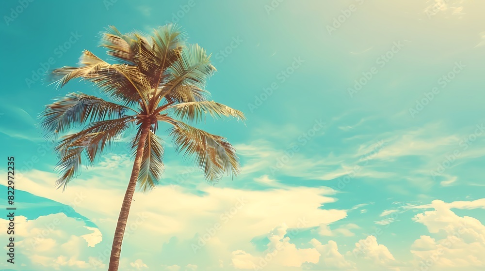 Palm tree on tropical beach with blue sky and white clouds abstract background. Copy space of summer vacation and business travel concept. Vintage tone filter effect color style. Generative Ai Palm tree on tropical beach with blue sky and white clouds abstract background. Copy space of summer vacation and business travel concept. Vintage tone filter effect color style. Generative Ai