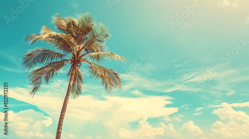 Palm tree on tropical beach with blue sky and white clouds abstract background. Copy space of summer vacation and business travel concept. Vintage tone filter effect color style. Generative Ai © mahaart