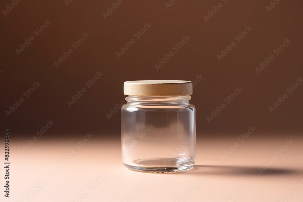 product shot of a small glass container, with white lid, sand colored studio background. Generative Ai product shot of a small glass container, with white lid, sand colored studio background. Generative Ai