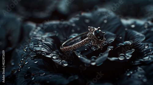 A stunning diamond engagement ring placed on a petal with water droplets  showcasing its elegance and beauty in a dark  dramatic setting.