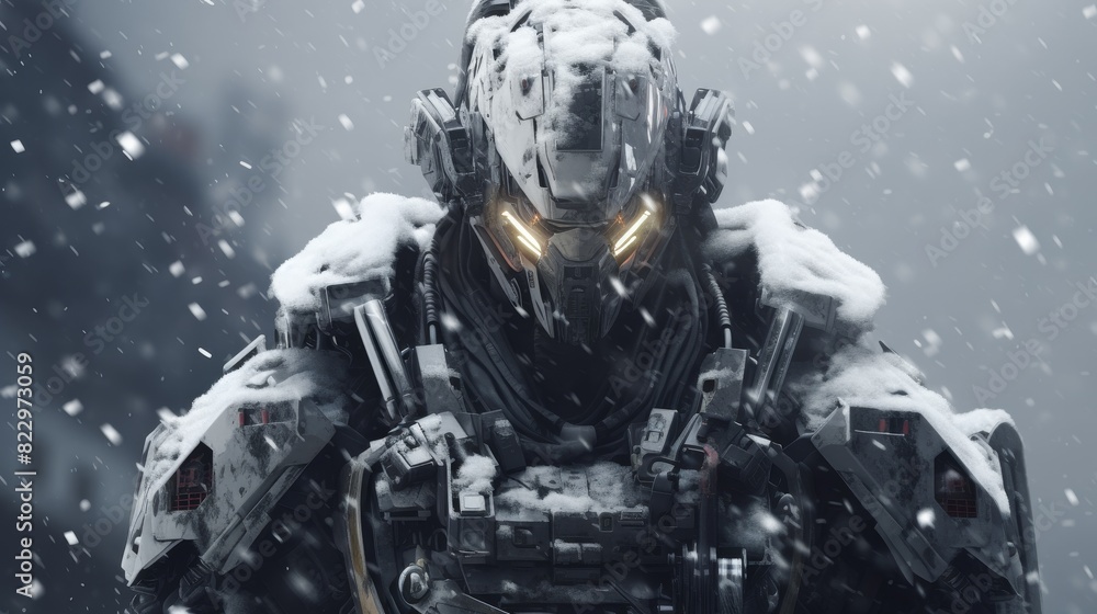 Armored mech navigating through a blizzard, front view, depicting endurance, scifi tone, black and white color scheme