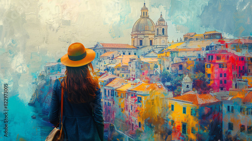 Illustration of a woman touring a famous city destination, rendered in a colorful and textured oil painting style © wasan