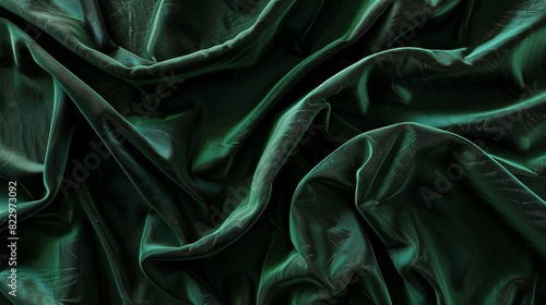 Close-up of luxurious dark green silk fabric, with rich textures and folds creating an elegant and sophisticated feel.