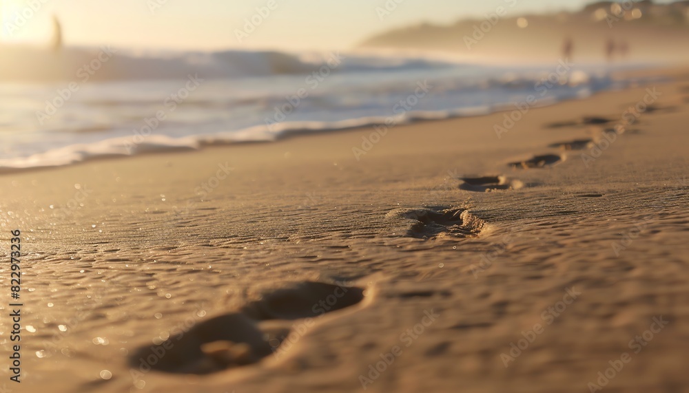 Footprints in the sand along a beach during a beautiful sunset, capturing the essence of peace and tranquility by the seaside. Footprints in the sand along a beach during a beautiful sunset, capturing the essence of peace and tranquility by the seaside.