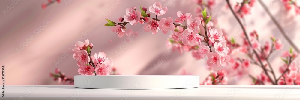 Background podium 3D spring flower product beauty pink display nature. 3D podium stand background scene floral mockup cosmetic white blossom summer abstract shadow platform minimal design render stage Background podium 3D spring flower product beauty pink display nature. 3D podium stand background scene floral mockup cosmetic white blossom summer abstract shadow platform minimal design render stage