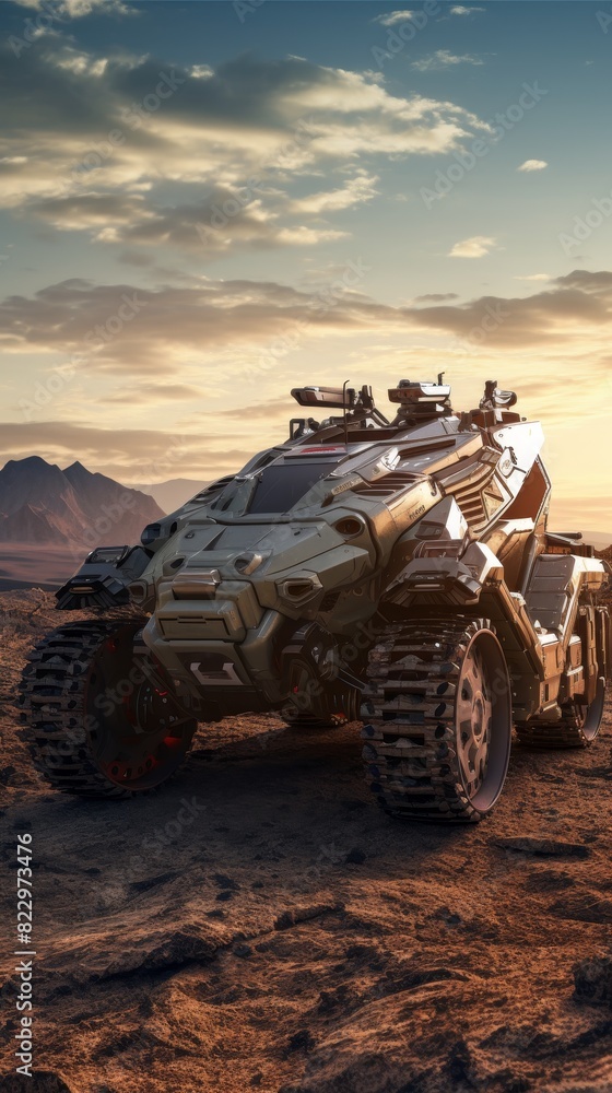 Heavyduty apc breaching enemy defenses at dawn, front view, showcasing breakthrough, advanced tone, Tetradic color scheme Heavyduty apc breaching enemy defenses at dawn, front view, showcasing breakthrough, advanced tone, Tetradic color scheme