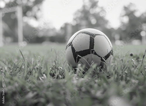 Soccer ball on green grass  blurred background  closeup shot. Generative Ai