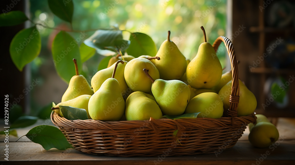 Ripe pears in a basket on a wooden table with green background Ripe pears in a basket on a wooden table with green background