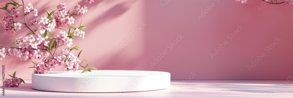 Background podium 3D spring flower product beauty pink display nature. 3D podium stand background scene floral mockup cosmetic white blossom summer abstract shadow platform minimal design render stage Background podium 3D spring flower product beauty pink display nature. 3D podium stand background scene floral mockup cosmetic white blossom summer abstract shadow platform minimal design render stage