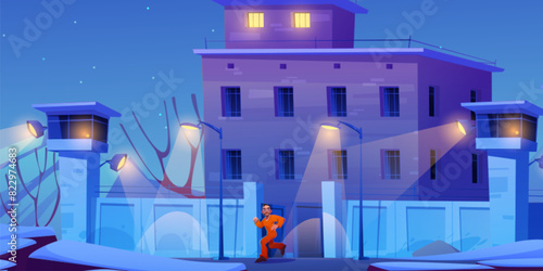 Prisoner escape from security jail building with fence. Man run away from federal penitentiary on road with lantern light beam at night cartoon illustration. Dark starry sky in winter at midnight