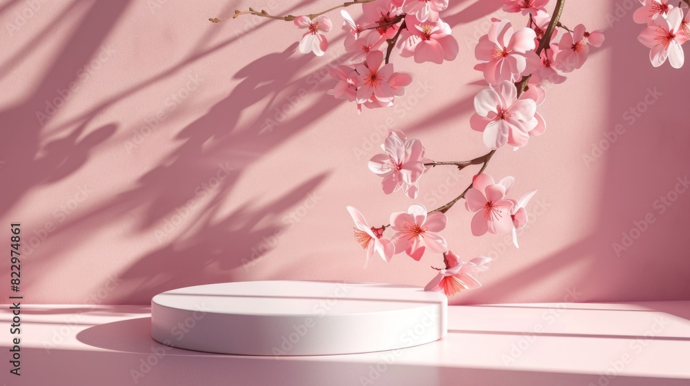 Background podium 3D spring flower product beauty pink display nature. 3D podium stand background scene floral mockup cosmetic white blossom summer abstract shadow platform minimal design render stage Background podium 3D spring flower product beauty pink display nature. 3D podium stand background scene floral mockup cosmetic white blossom summer abstract shadow platform minimal design render stage