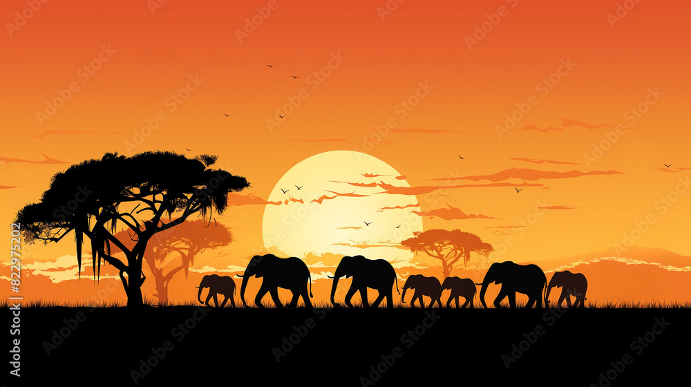 The vector illustration depicted a herd of wild animals in silhouette, their black forms standing majestically against the grass, capturing the essence of wildlife in nature.