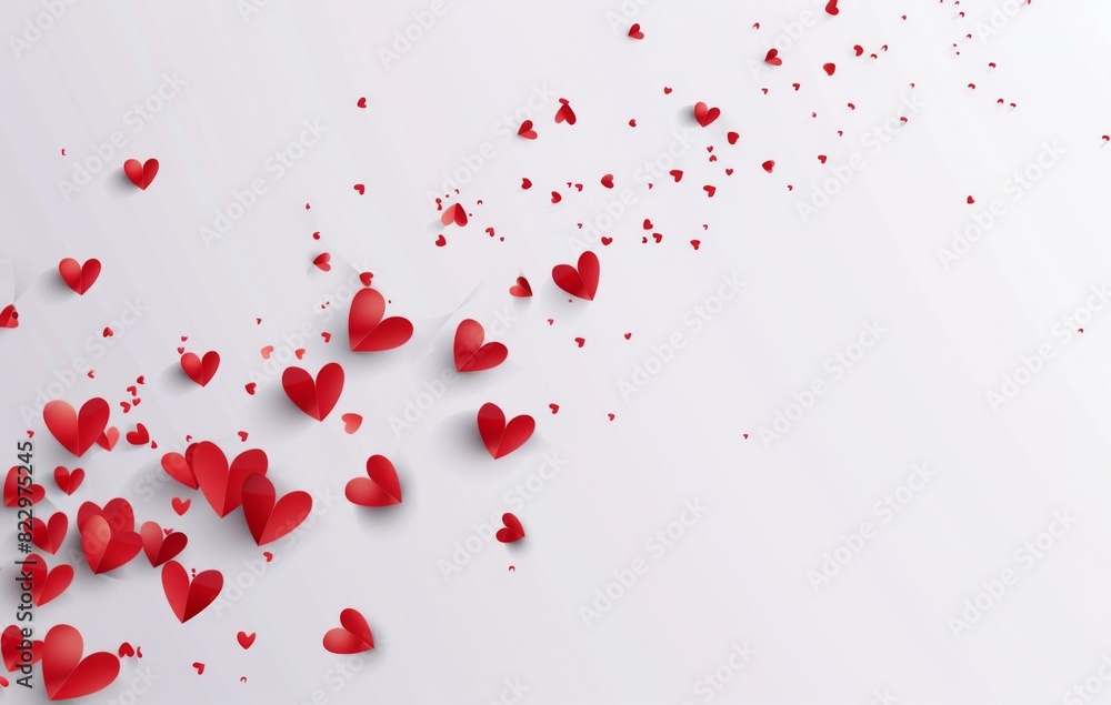 A white background with red paper hearts flying in the air,