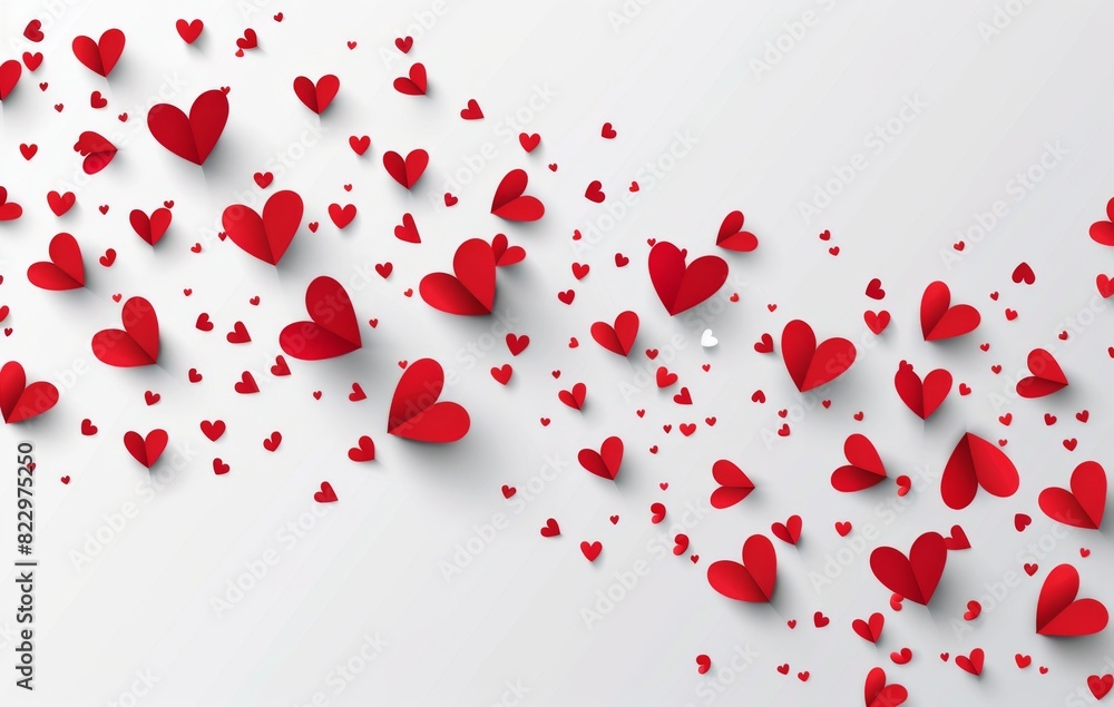 A white background with red paper hearts flying in the air, A white background with red paper hearts flying in the air,