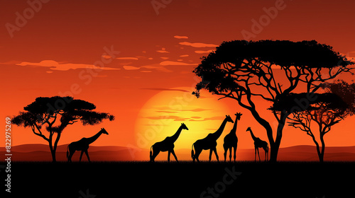 The vector illustration depicted a herd of wild animals in silhouette, their black forms standing majestically against the grass, capturing the essence of wildlife in nature.