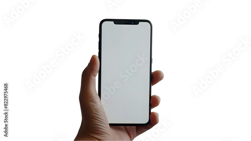 hand holding black cell phone smartphone with blank white screen and modern design isolated on a transparent background photo