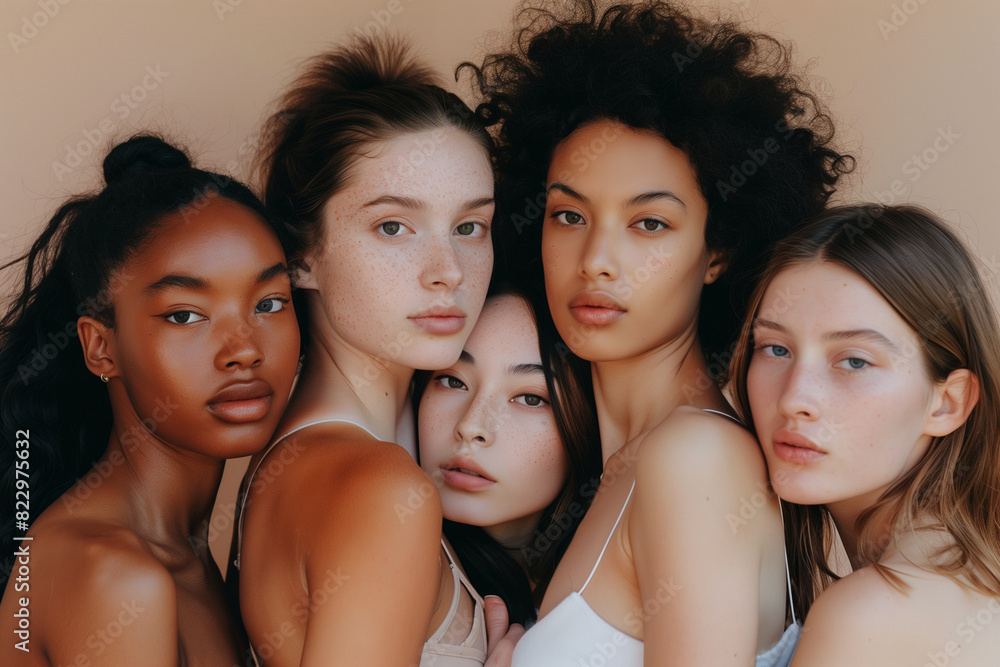 A group of women with different skin tones are posing for a photo. Scene is one of unity and diversity, as the women come together to celebrate their differences and similarities A group of women with different skin tones are posing for a photo. Scene is one of unity and diversity, as the women come together to celebrate their differences and similarities