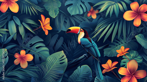 Modern art design with a tropical theme, including exotic leaves, flowers, and a bird in an abstract style