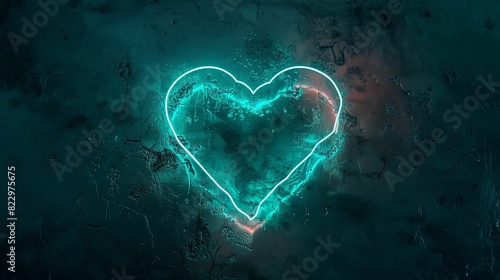 Neon turquoise heart shining against a dark background