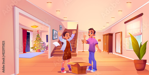 Happy teenagers standing near open cardboard box in house hall interior with Christmas tree. Cartoon vector illustration of smiling boy and girl children with carton package during New Year holiday. © klyaksun