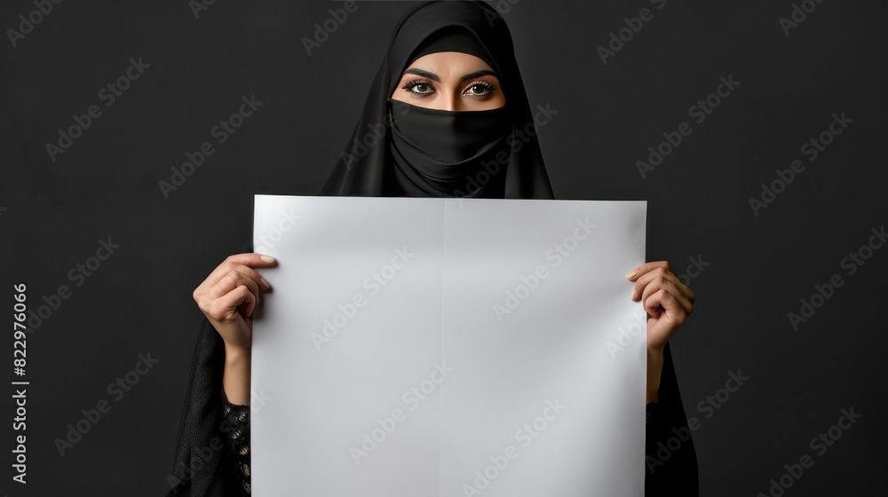 An Islamic woman wearing a black niqab veil carries blank paper for a mockup text template. An Islamic woman wearing a black niqab veil carries blank paper for a mockup text template.