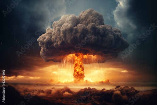 An explosion making a nuclear fire mushroom cloud in an apocalyptic war. Nuclear explosion of atomic bomb, nuclear war photo