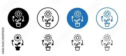 Photosynthesis icon, plants making energy using sunlight, Photosynthesis process with plant and sun