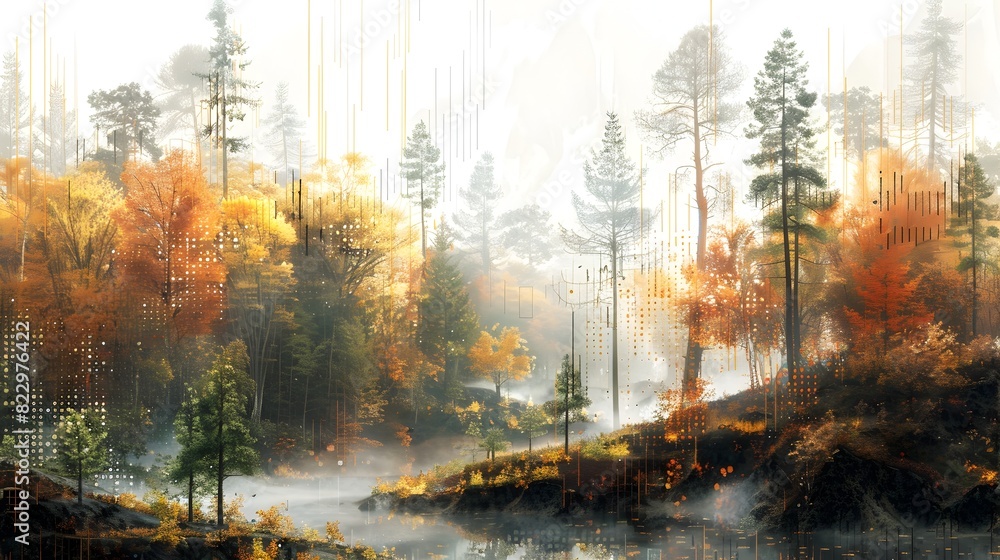 Autumn Forest Landscape with Overlaid Ecological Data Insights