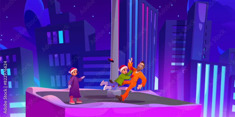 Kids and prisoner on night city building roof cartoon background. Urban ...