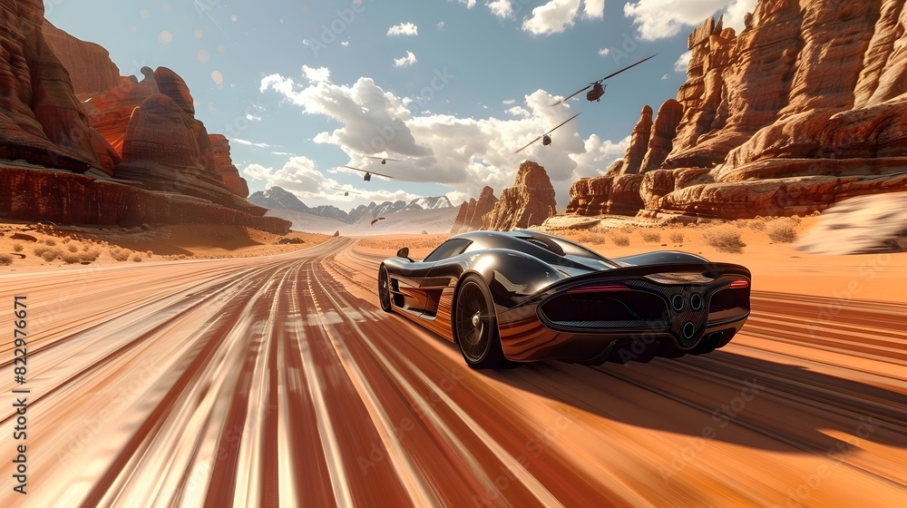 Naklejka premium Existential Velocity A Futuristic Car Navigates the Vast and Ethereal Landscapes of a Dreamlike Desert Realm