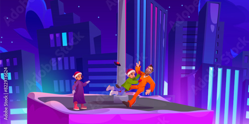 Kids and prisoner on night city building roof cartoon background. Urban landscape view with children hero catch man on skyscraper rooftop. Starry sky and high real estate exterior of hotel concept