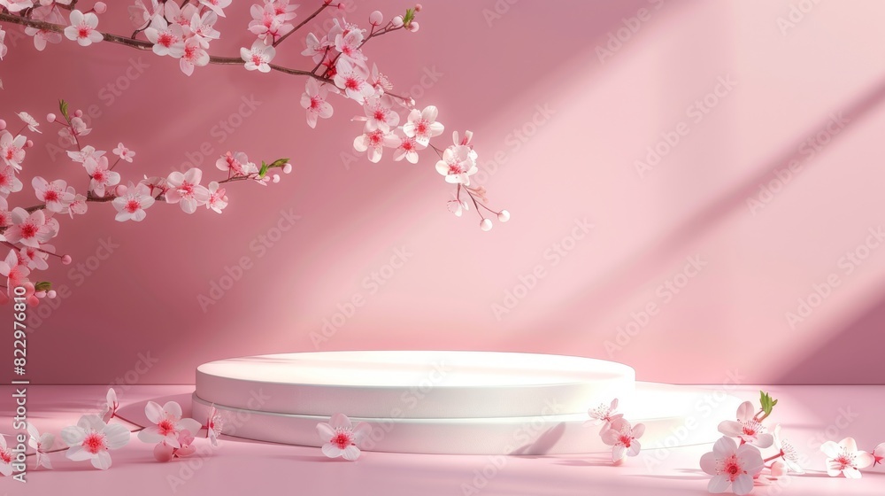 Background podium 3D spring flower product beauty pink display nature. 3D podium stand background scene floral mockup cosmetic white blossom summer abstract shadow platform minimal design render stage Background podium 3D spring flower product beauty pink display nature. 3D podium stand background scene floral mockup cosmetic white blossom summer abstract shadow platform minimal design render stage
