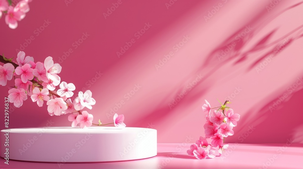 Background podium 3D spring flower product beauty pink display nature. 3D podium stand background scene floral mockup cosmetic white blossom summer abstract shadow platform minimal design render stage Background podium 3D spring flower product beauty pink display nature. 3D podium stand background scene floral mockup cosmetic white blossom summer abstract shadow platform minimal design render stage