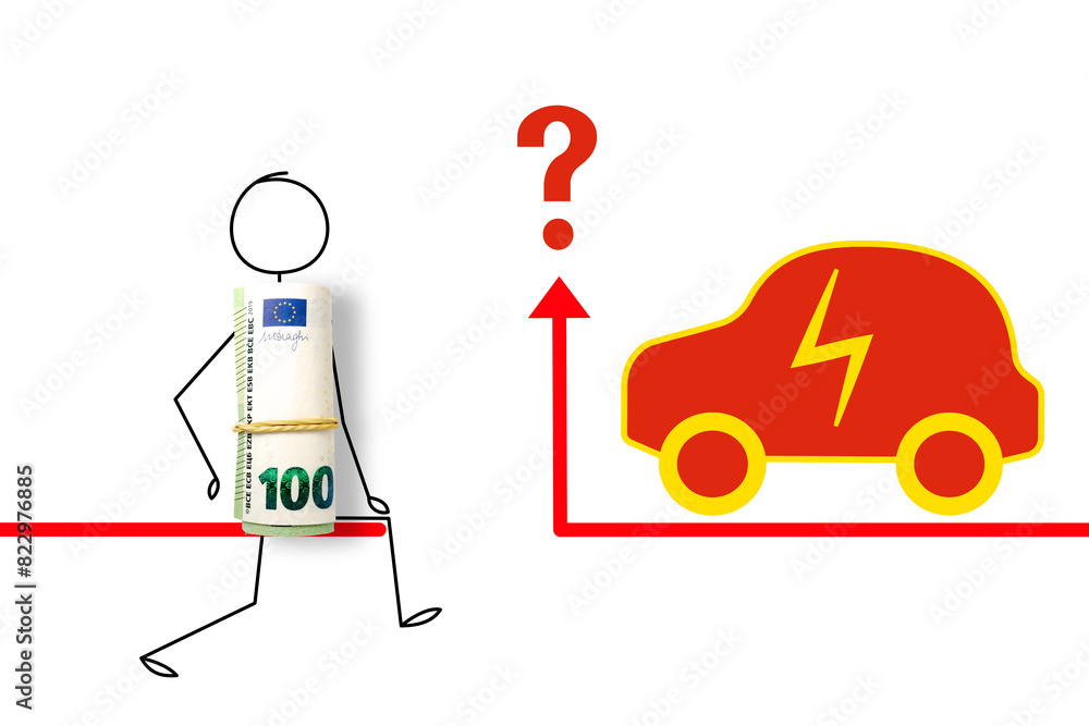 One hundred euro note on a white background with electric car made in China. Taxes for chinese electric car import in Europe Union. EU and China trade war One hundred euro note on a white background with electric car made in China. Taxes for chinese electric car import in Europe Union. EU and China trade war