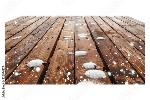 Wooden table top with snow isolated on a white background