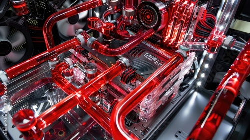 Close-up of a custom water-cooled PC showcasing red tubing and intricate hardware components in a high-performance setup. © Songyote