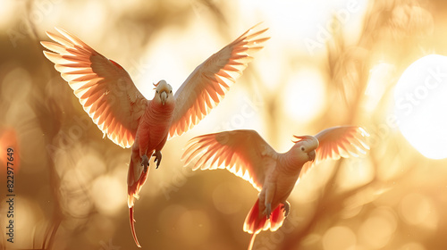 Two Galah Cockatoos, Eolophus roseicapilla, fly together on opposite wings in the bright warm light of the rising sun across the landscape  , Generative AI photo