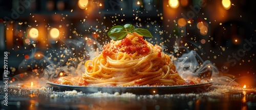 A stunning image of spaghetti with a sprinkling of cheese and steam rising photo