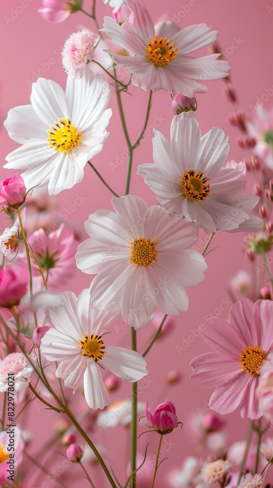 Obraz premium Alpine meadow blooming, set against a light pink backdrop, with space on the right for text