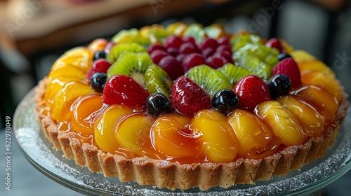 Close-up of a vibrant fruit tart with various fresh fruits on a glass dessert stand  showcasing a delicious pastry