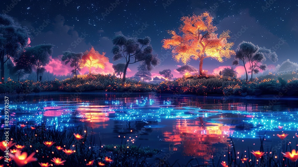Fototapeta premium Glowing Grove: Cartoon Neon Night Forest