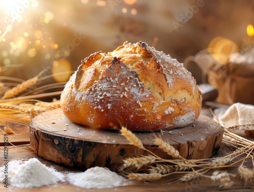 A rustic loaf of freshly baked bread sprinkled with flour, a symbol of home cooking photo