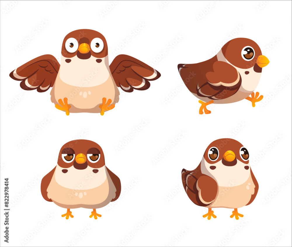 Cute sparrow character cartoon isolated set. Flying small bird icon with different emotion expression. Surprised, walking and serious childish mascot graphic with wild pet comic drawing collection Cute sparrow character cartoon isolated set. Flying small bird icon with different emotion expression. Surprised, walking and serious childish mascot graphic with wild pet comic drawing collection