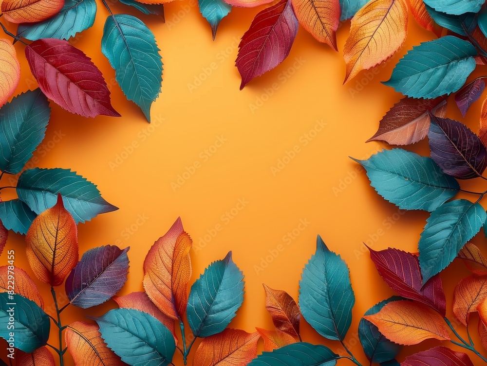 Obraz premium Autumn forest with colorful leaves against an isolated orange background, providing top copy space for text