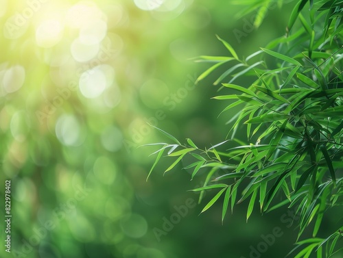 Sunlight filters through the bamboo forest  creating an isolated green backdrop with space at the top