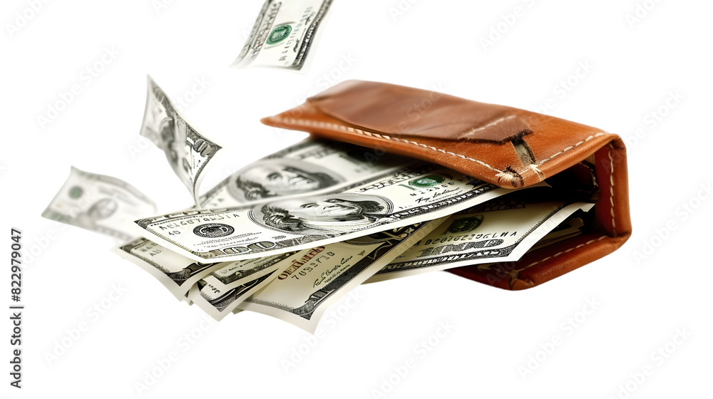 Hundred American dollars banknotes flying ot of a leather wallet isolated on a transparent background Hundred American dollars banknotes flying ot of a leather wallet isolated on a transparent background