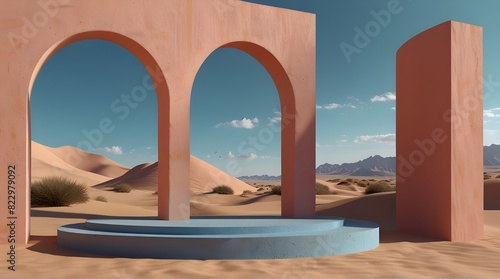 3d Render  Abstract Surreal pastel landscape background with arches and podium for showing product  panoramic view  Colorful dune scene with copy space  blue sky and cloudy  Minimalist decor design