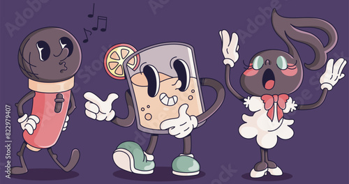 Retro cartoon characters collection for party design. Vector illustration set of funky music note, microphone and glass with cocktail and orange. Abstract funny vintage groovy mascot personage.