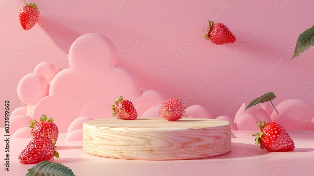 Minimal wooden pedestal for product presentation in pastel pink background, fruit strawberry around Minimal wooden pedestal for product presentation in pastel pink background, fruit strawberry around